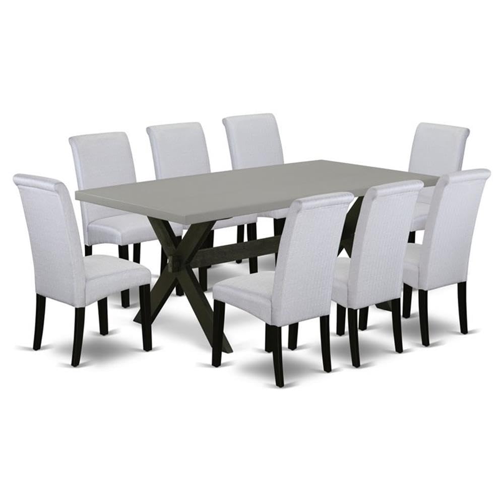 East West Furniture X697Ba105-9 9 Piece Kitchen Table Set Includes A Rectangle Dining Table With X-Legs And 8 Grey Linen Fabric Parson Dining Room Chairs, 40X72 Inch, Multi-Color